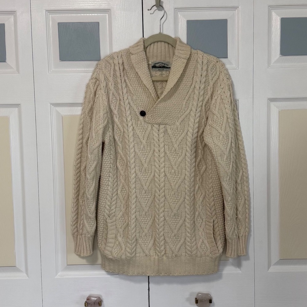 Aran Crafts Ireland Mens Large 100% Merino Wool Cable Knit Shawl Collar Sweater